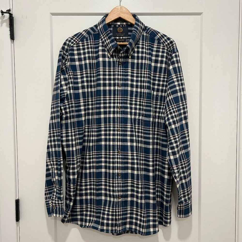 VIYELLA teal blue/rust brown plaid cotton/wool shirt (XL)